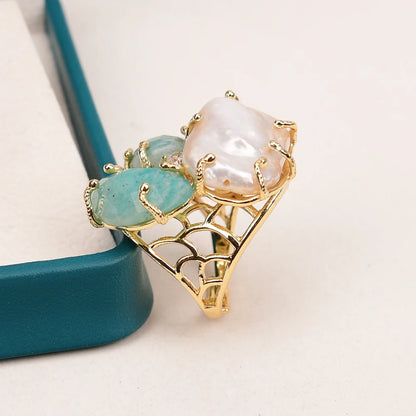 Bague Amazonite Perle Plaqué Or Ajustable