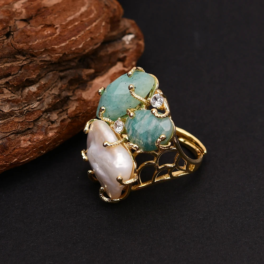 Bague Amazonite Perle Plaqué Or Ajustable