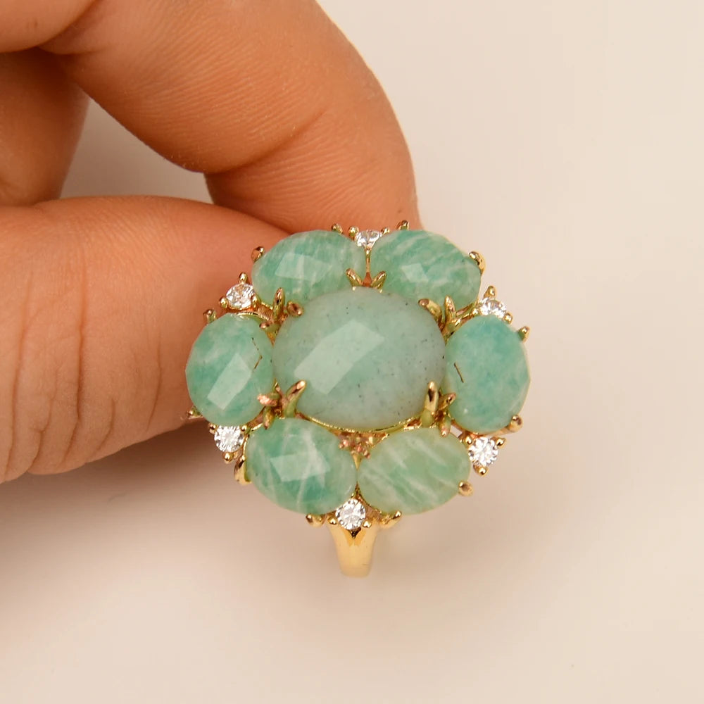 Bague Amazonite CZ Plaqué Or Ajustable
