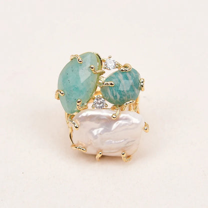 Bague Amazonite Perle Plaqué Or Ajustable