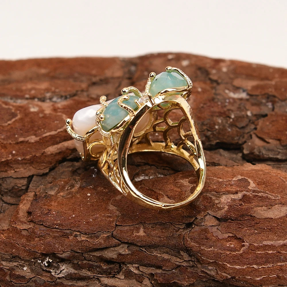 Bague Amazonite Perle Plaqué Or Ajustable