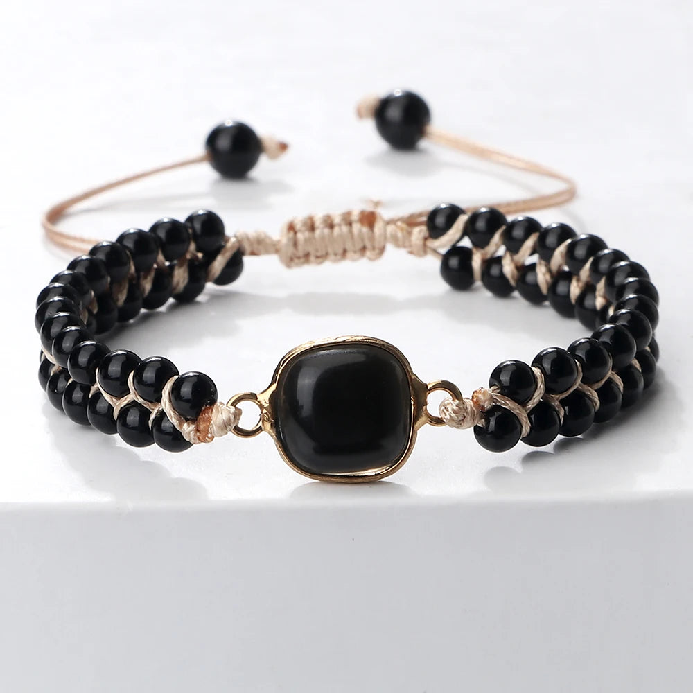 Bracelet Tressé Onyx 4 mm & Obsidienne – Ajustable