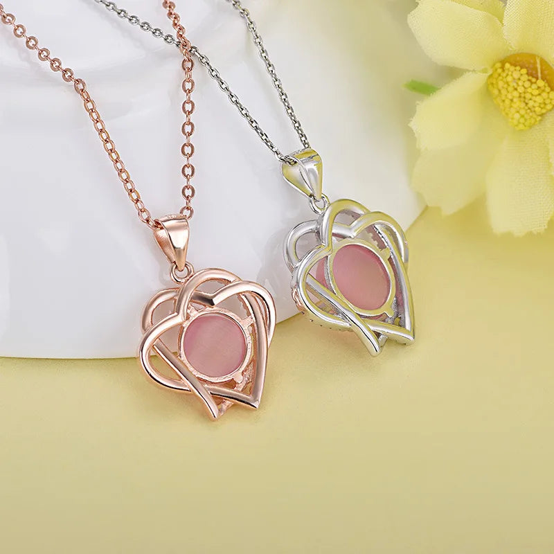 Collier Cœur Quartz Rose Zircon Argent