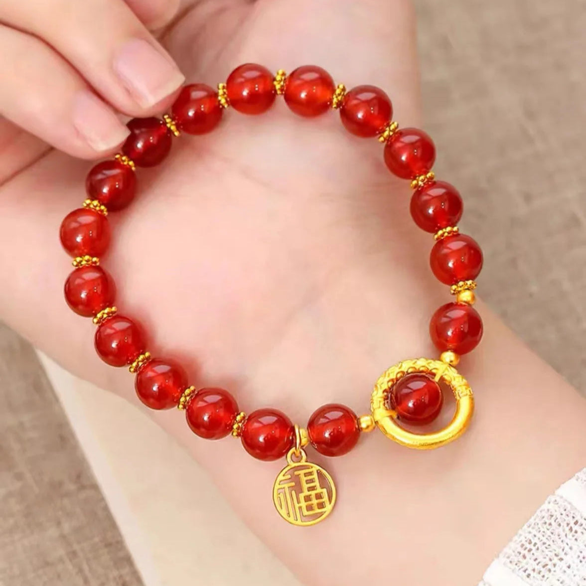 Bracelet Haricot en Or 18K & Agate Rouge