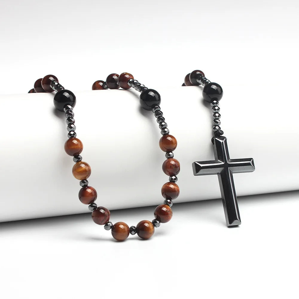 Collier Croix – Hématite & Œil de Tigre