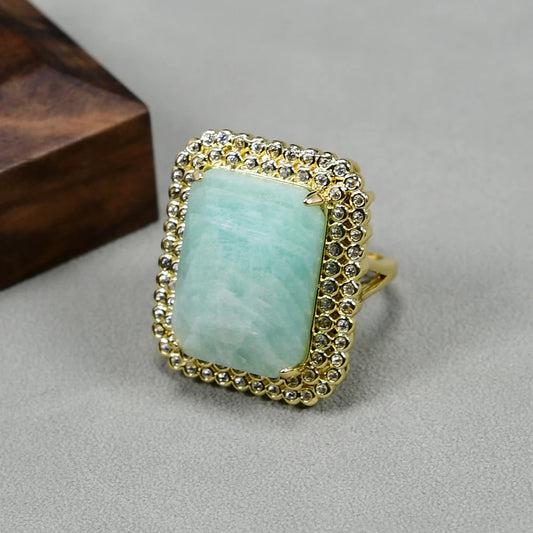 Bague Amazonite Rectangulaire CZ Plaqué Or Ajustable