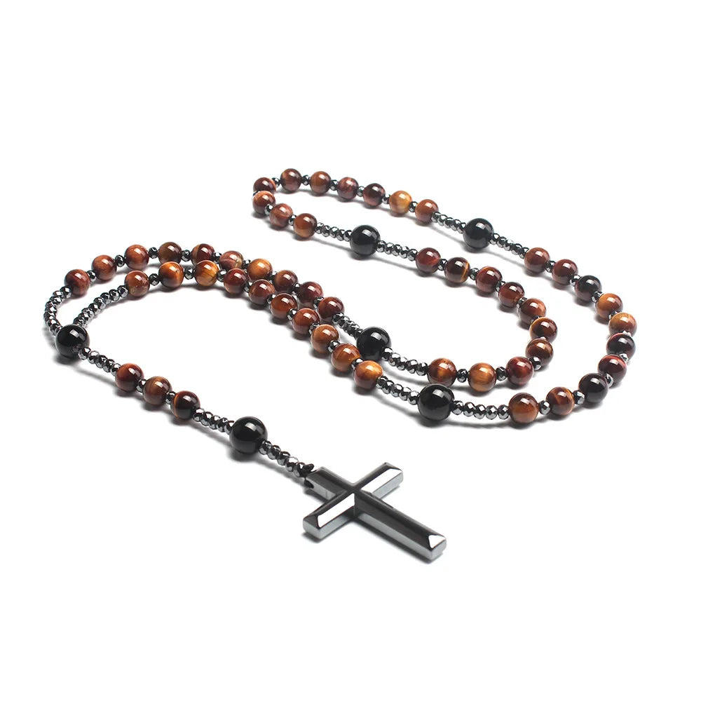 Collier Croix – Hématite & Œil de Tigre