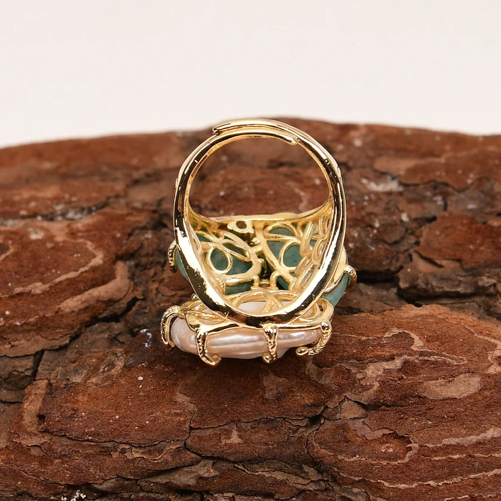 Bague Amazonite Perle Plaqué Or Ajustable